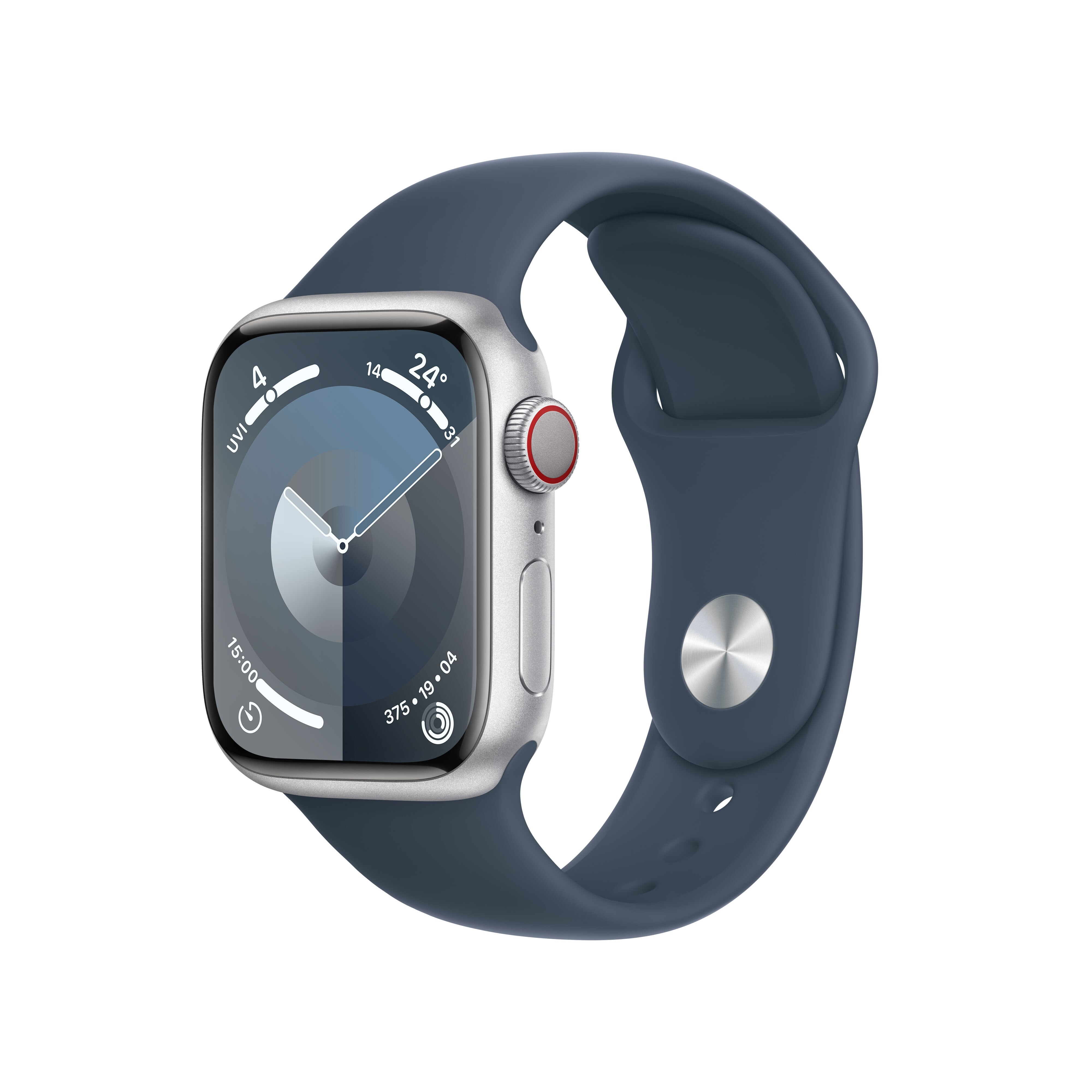 Apple Watch Series 9 LTE 41mm Aluminium Silber Sportarmband Sturmblau M L Cyberport