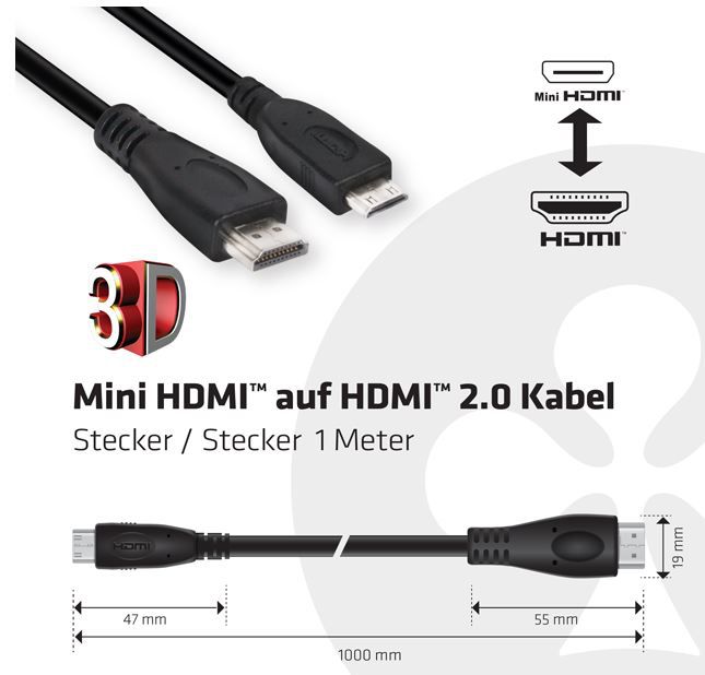 Club 3D Mini HDMI auf HDMI 2.0 Kabel Stecker / Stecker 1,0m