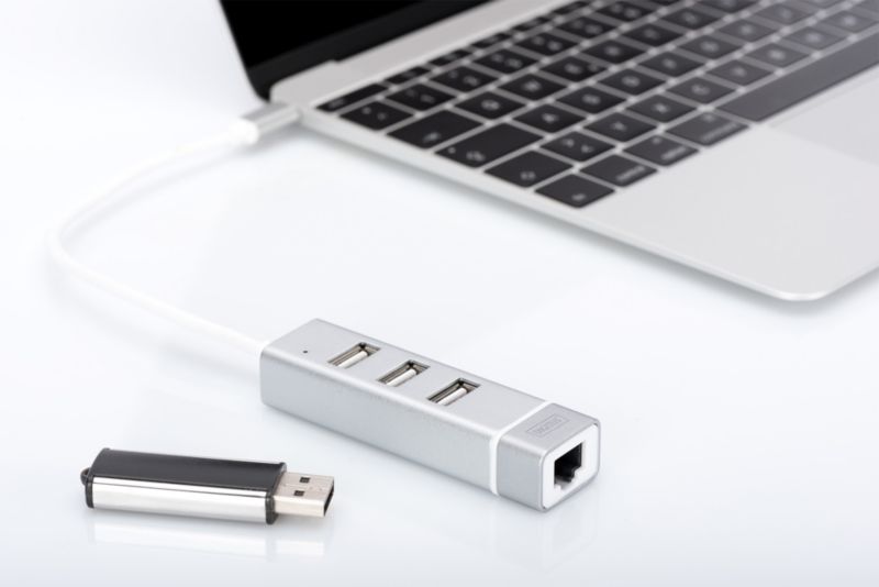 DIGITUS USB2.0 3-Port HUB &amp; Fast Ethernet LAN-Adapter mit Typ-C Anschluss