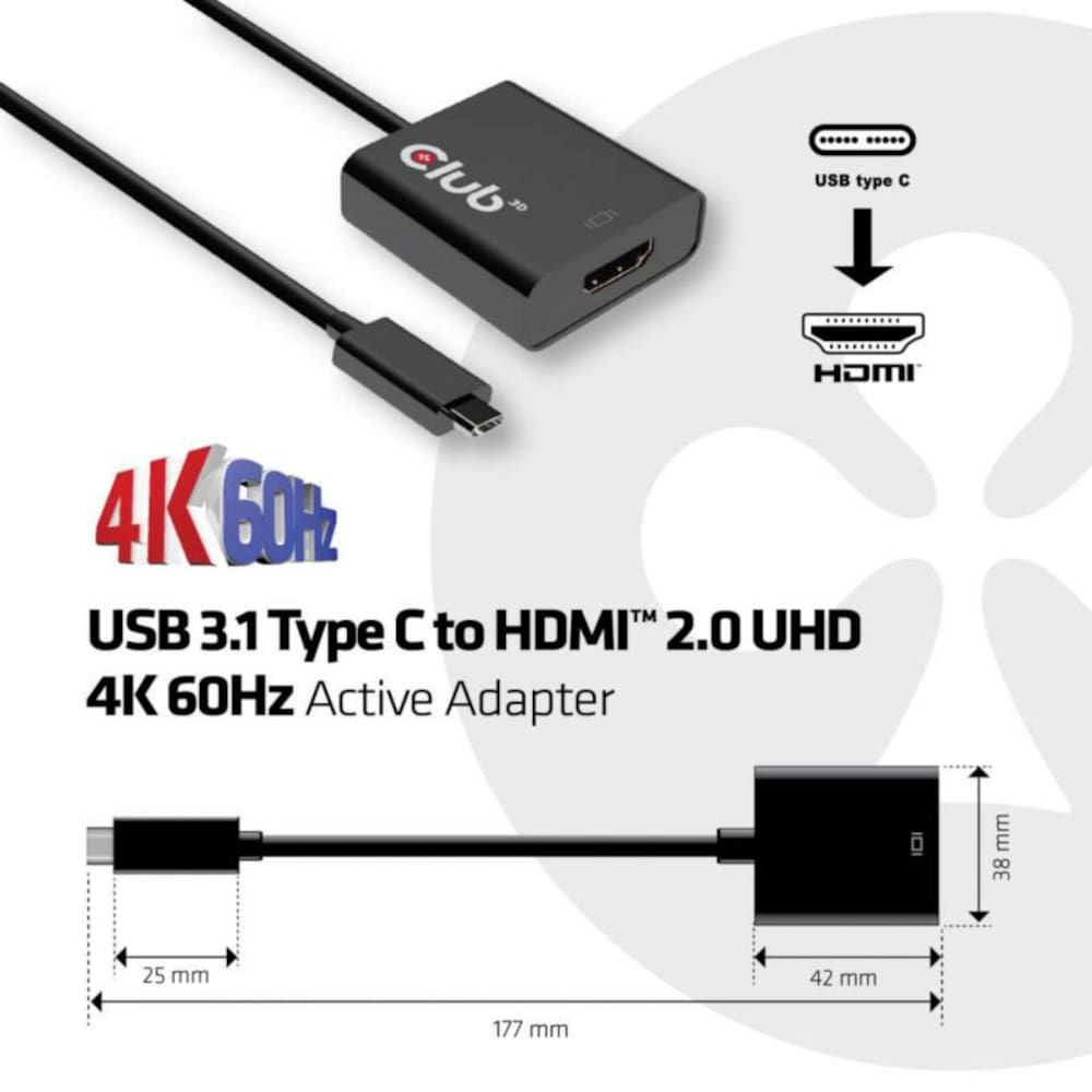 Club 3D USB 3.1 Adapter Typ-C zu HDMI 2.0 UHD 4K 60Hz aktiv St./Bu. schwarz