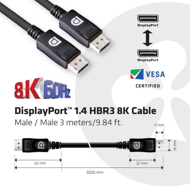 Club 3D DisplayPort 1.4 Kabel 3m DP zu DP HBR3 8K60Hz Vesa St./St. schwarz