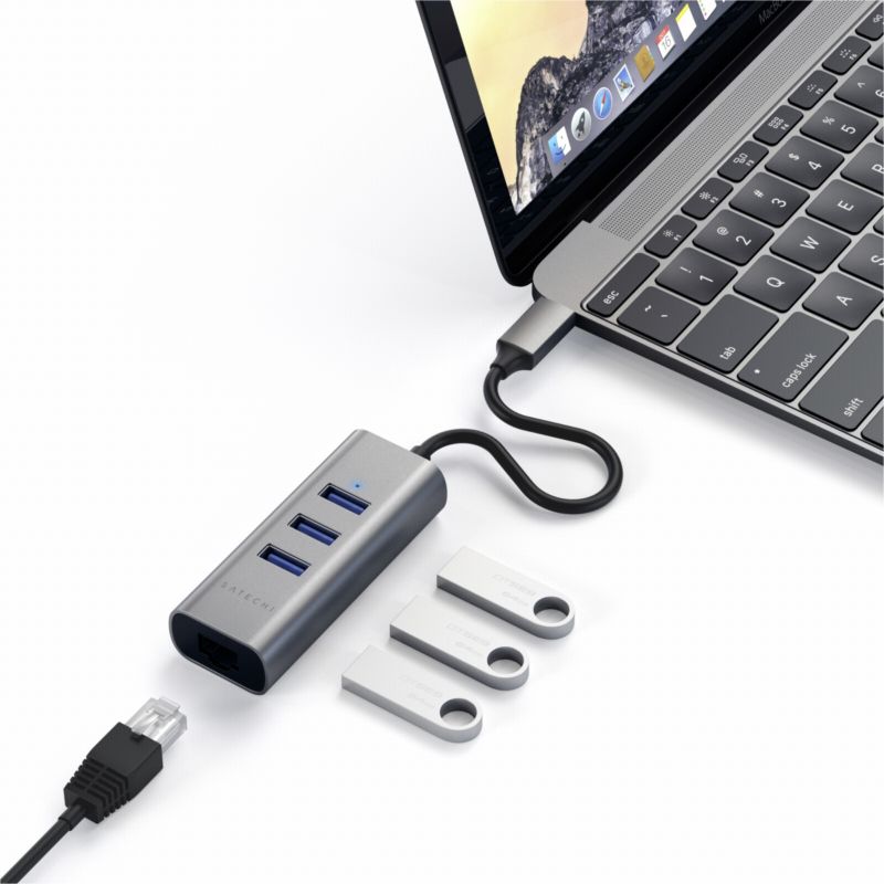 Satechi Type-C 2-in-1 3 Port USB 3.0 Hub &amp; Ethernet space grey