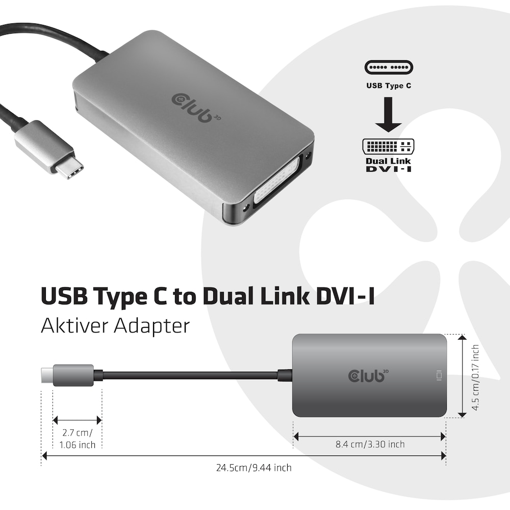 Club 3D USB Typ C zu Dual Link DVI-I Aktiver Adapter