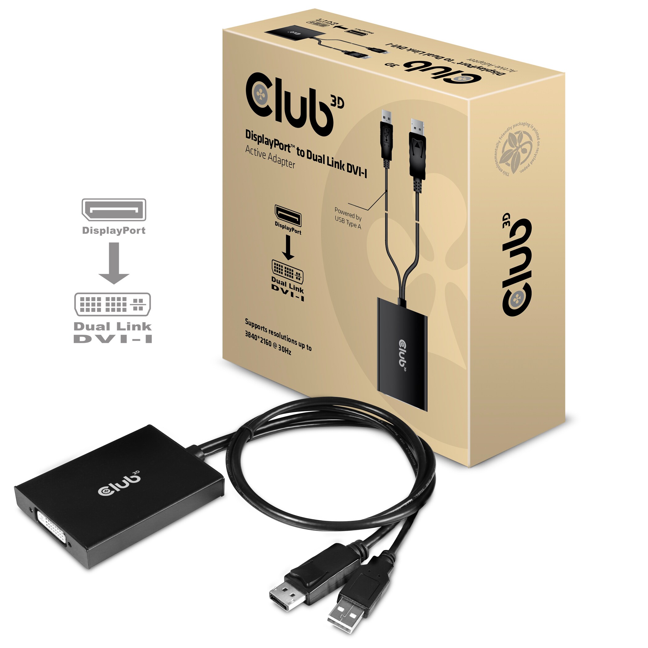 Club 3D DisplayPort Adapter DP zu DVI-I Dual Link aktiv St./Bu. schwarz