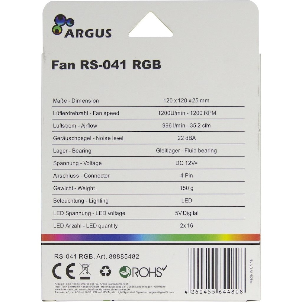 Inter-Tech Argus RS-041 LED, 120 mm Gehäuselüfter mit RGB Beleuchtung