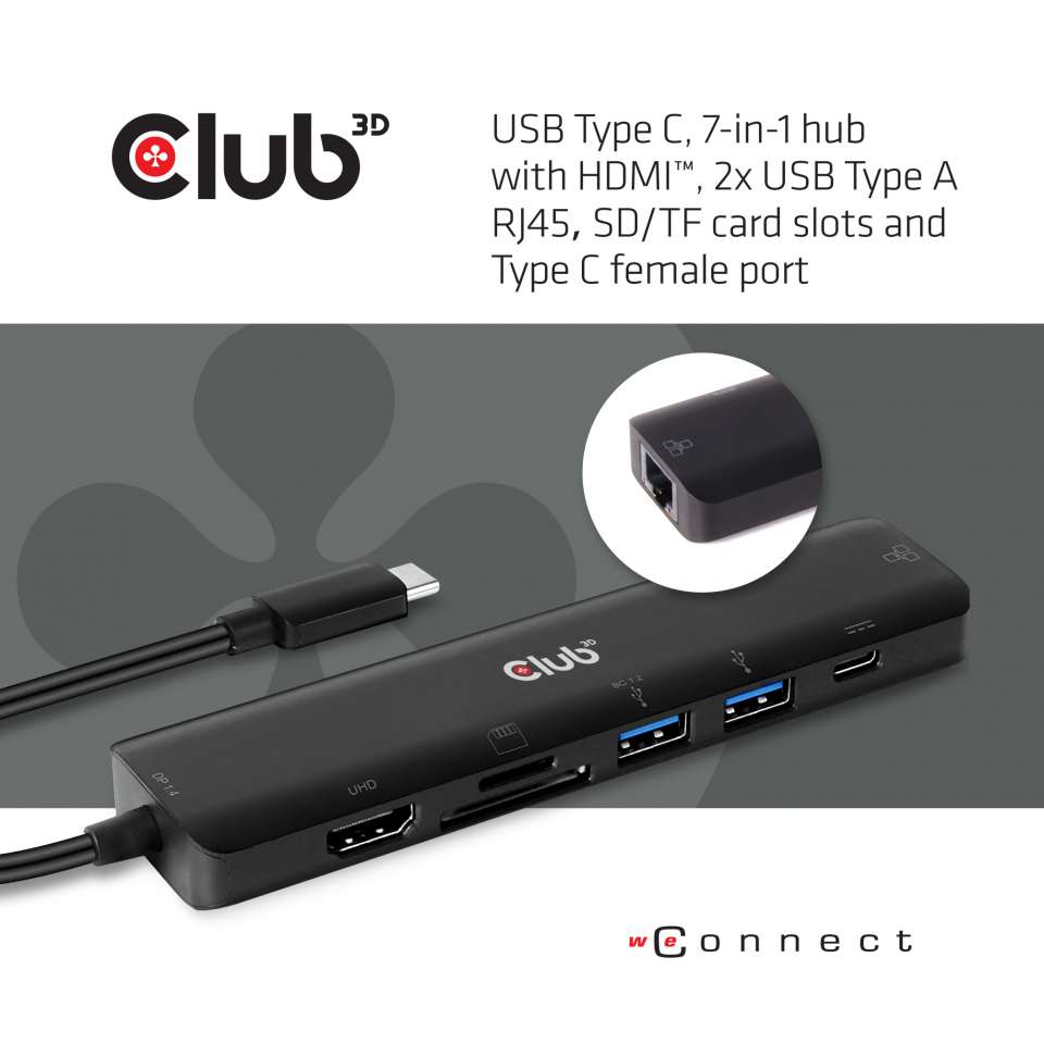 Club 3D USB-C 3.2 7in1 Hub HDMI 4K60HZ mit SD TF Card Slot + RJ45