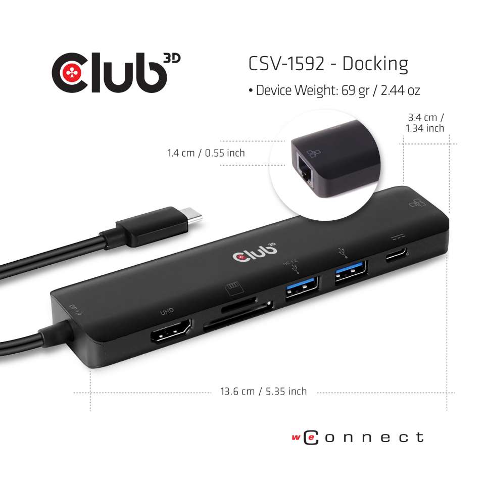 Club 3D USB-C 3.2 7in1 Hub HDMI 4K60HZ mit SD TF Card Slot + RJ45