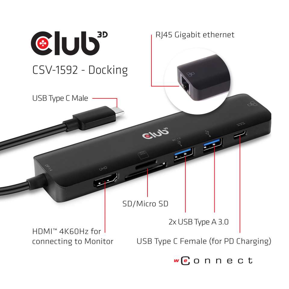 Club 3D USB-C 3.2 7in1 Hub HDMI 4K60HZ mit SD TF Card Slot + RJ45