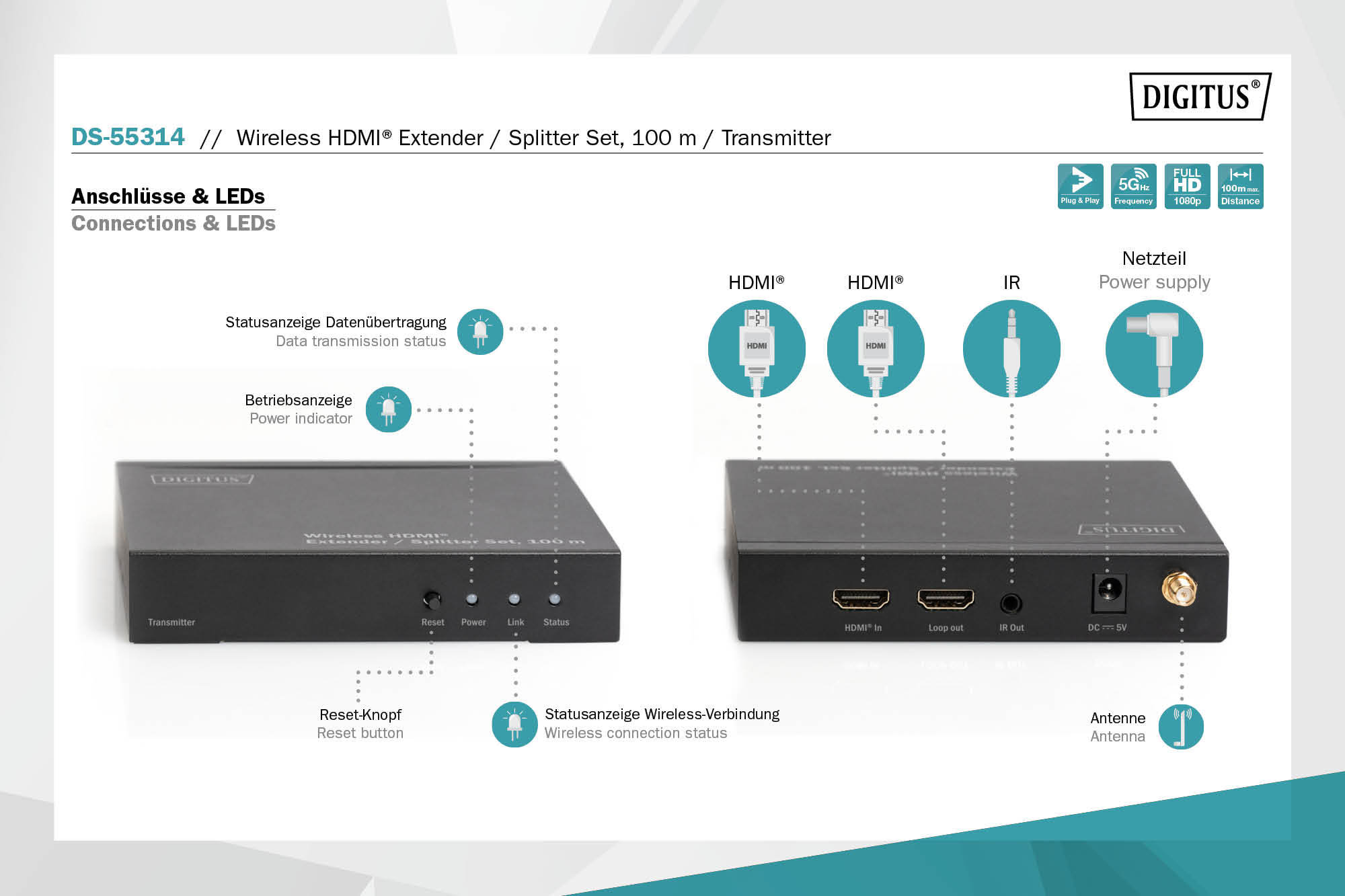 DIGITUS DS-55314 Wireless HDMI Extender / Splitter Set 100m schwarz