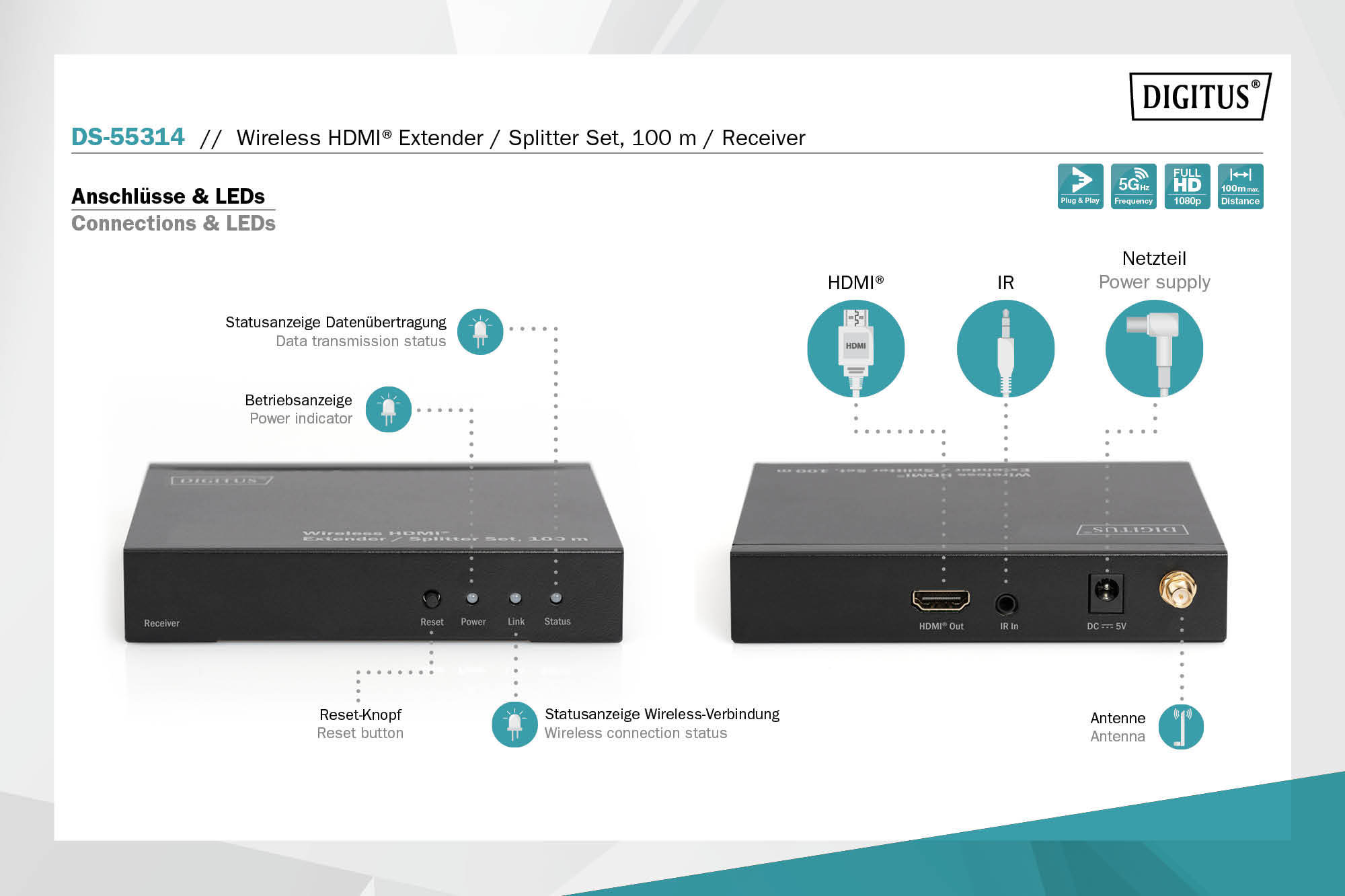 DIGITUS DS-55314 Wireless HDMI Extender / Splitter Set 100m schwarz