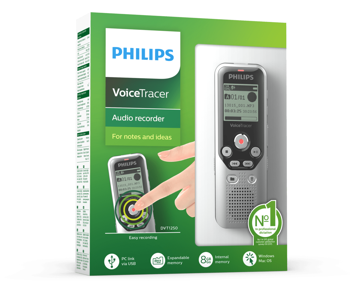 Philips Voice Tracer DVT1250 Digitales Stereo Diktiergerät 8GB Stimmaktivierung