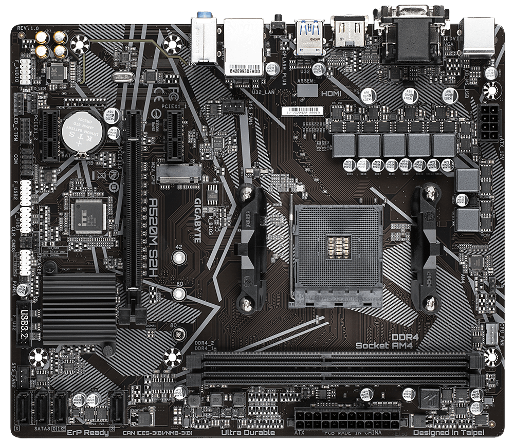 Gigabyte A520M S2H mATX Mainboard Sockel AM4 VGA/HDMI/DVI/D-Sub/M.2/SATA