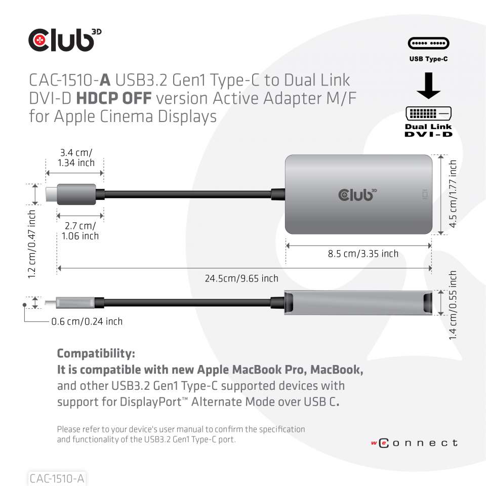 Club 3D USB 3.2 auf Dual Link DVI-D HDCP OFF aktiv St./ Bu. für Cinema Displays