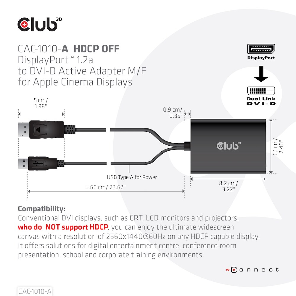 Club 3D DisplayPort Adapter zu DVI-D Dual Link HDCP off aktiv St./B. schwarz