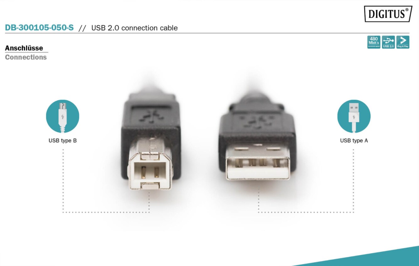 DIGITUS USB 2.0 Anschlusskabel 5m Typ A - B St/St, schwarz