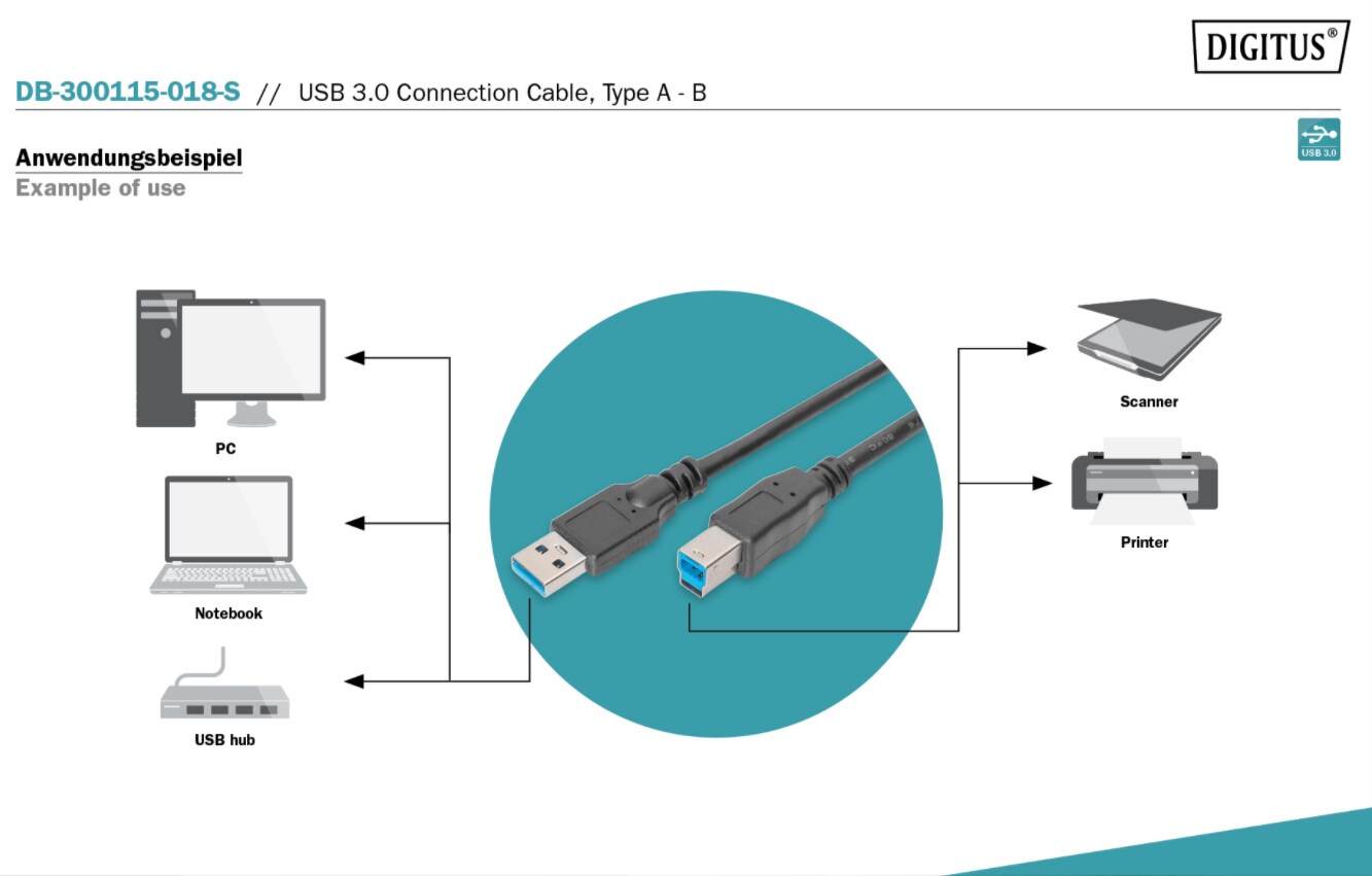 DIGITUS USB 3.0 Anschlusskabel 1,8m Typ A - B St/St, schwarz