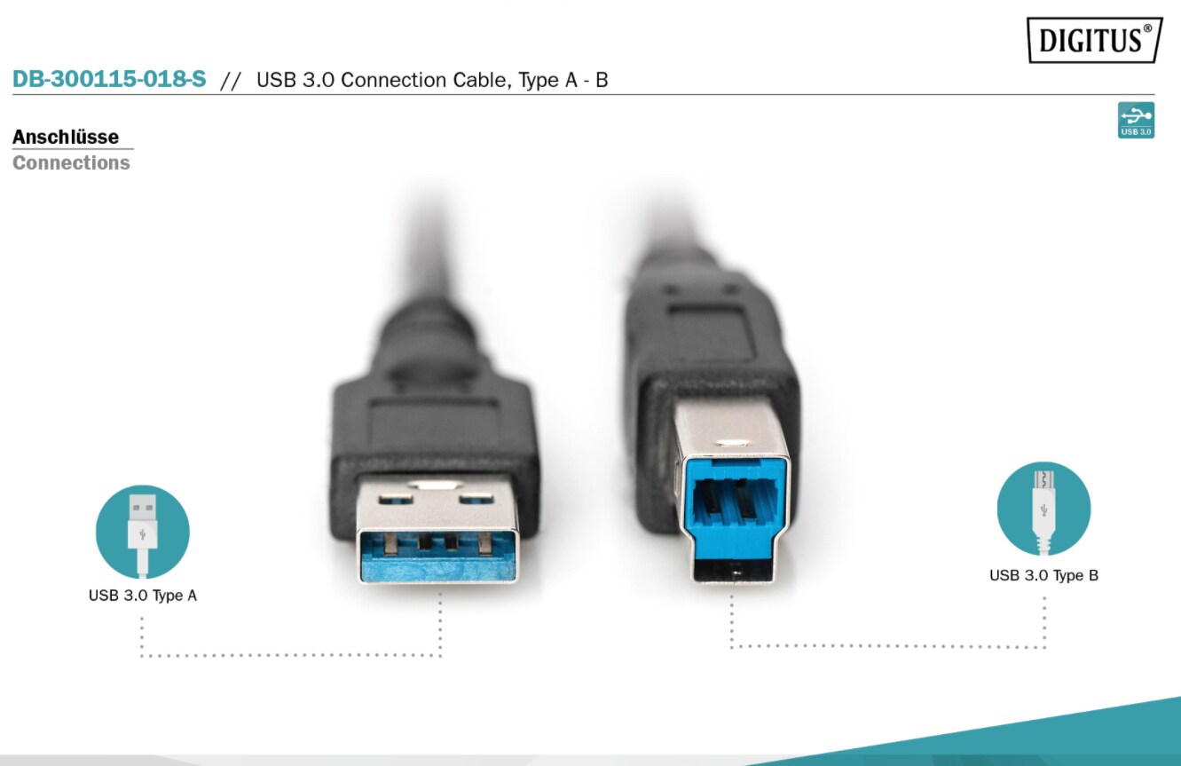 DIGITUS USB 3.0 Anschlusskabel 1,8m Typ A - B St/St, schwarz