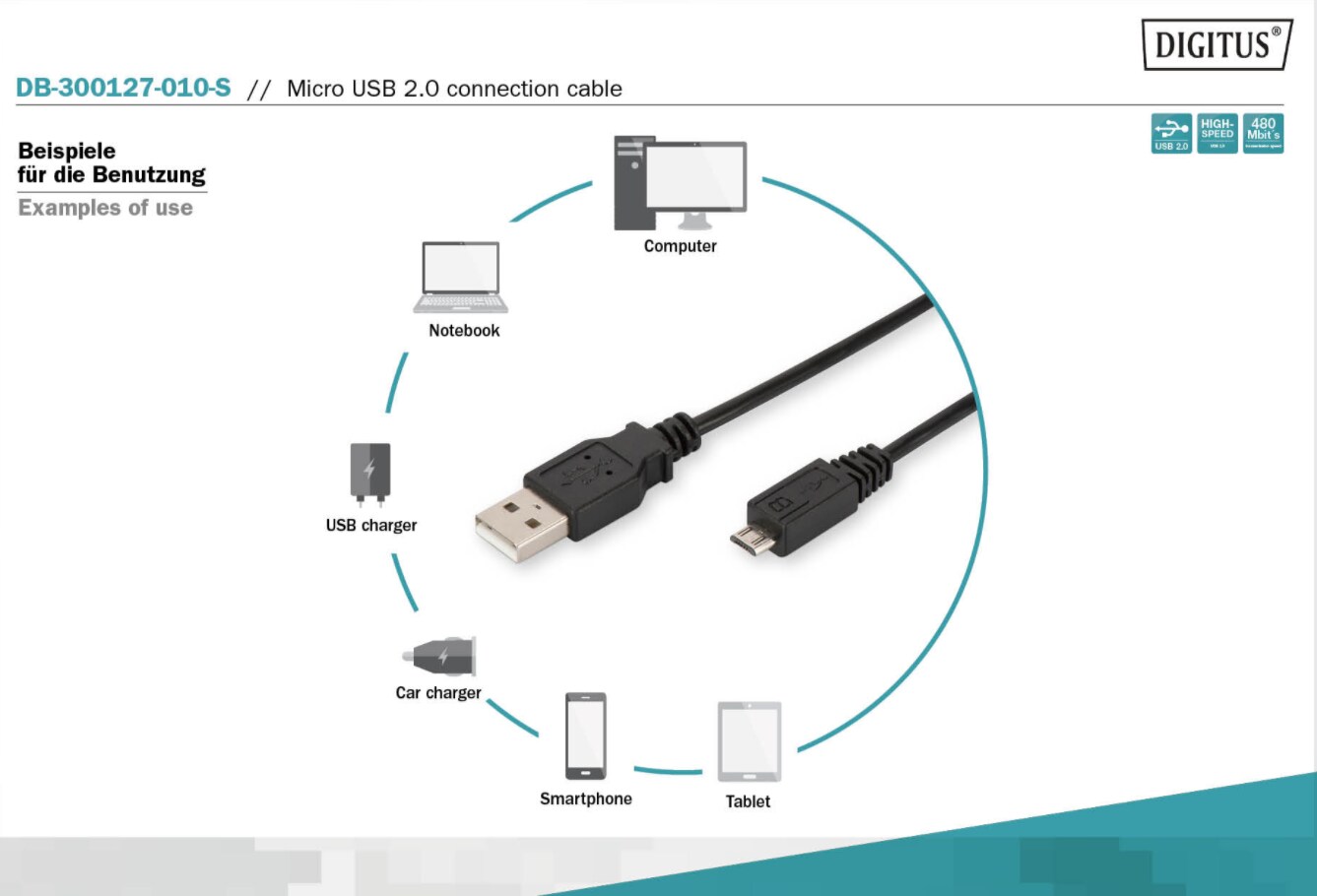 DIGITUS Micro USB 2.0 Anschlusskabel 1,0m Typ A - micro B St/St, schwarz