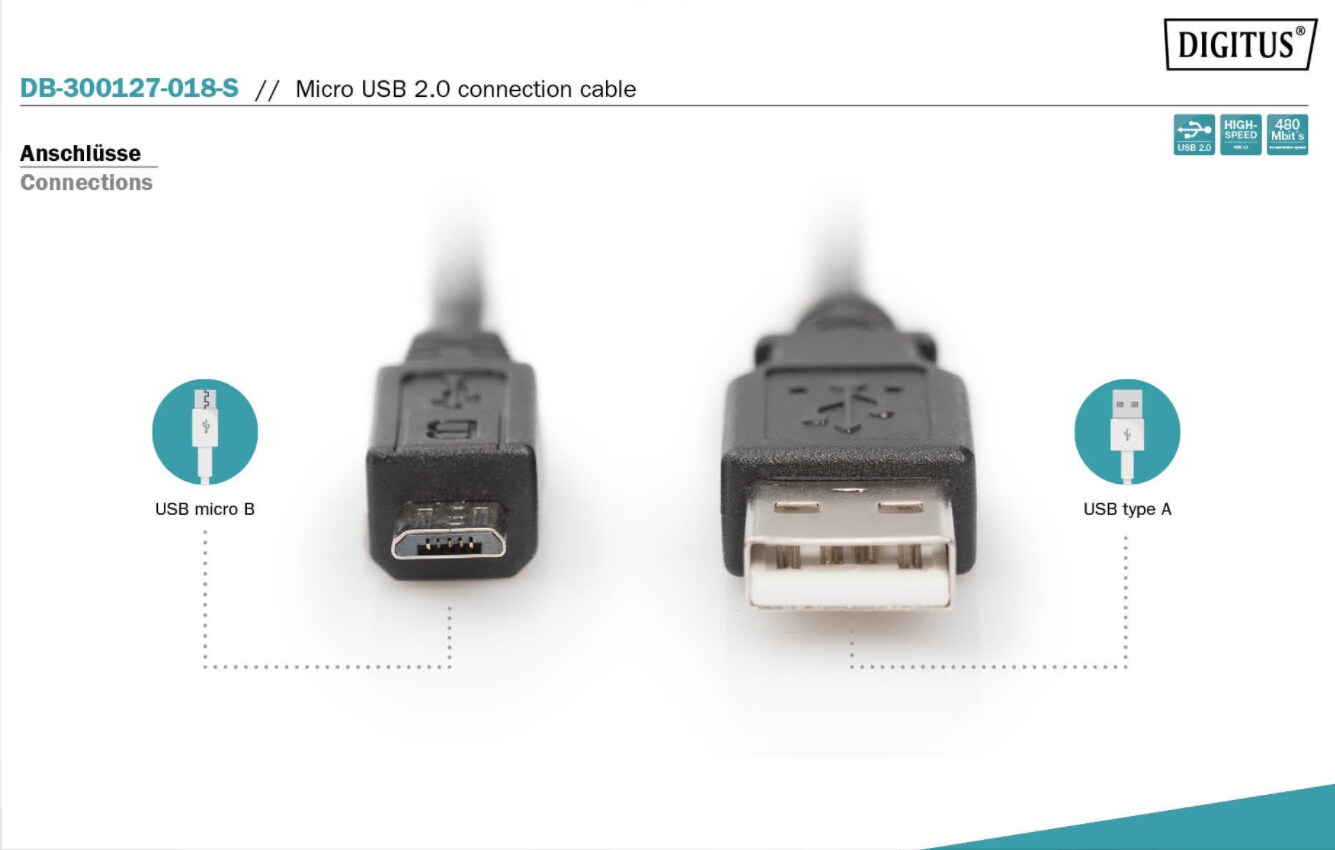 DIGITUS USB 2.0 Anschlusskabel 1,8m Typ A -micro B St/St, schwarz