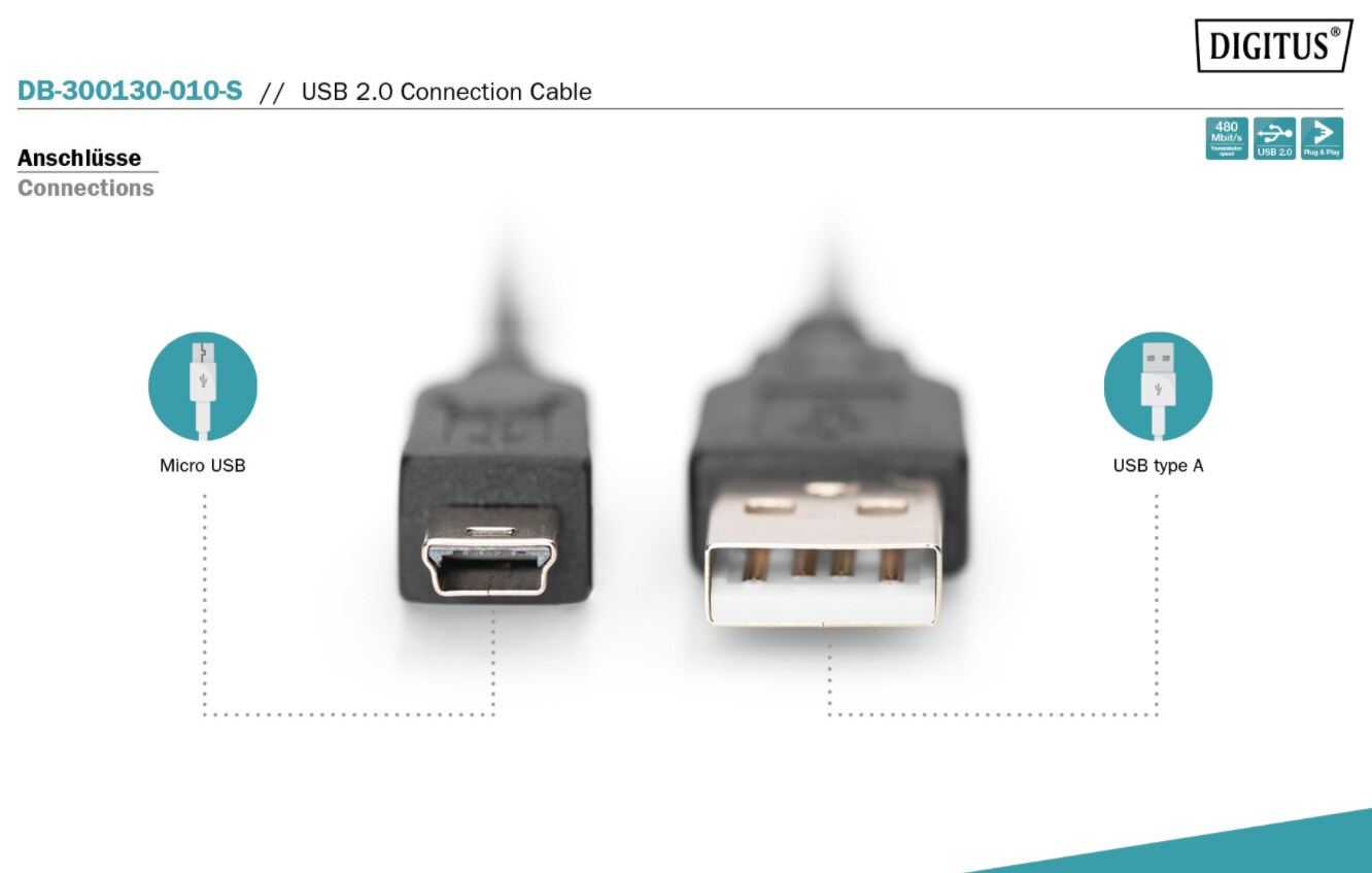 DIGITUS Mini USB 2.0 Anschlusskabel 1,0m Typ A - mini B (5pin) St/St, schwarz