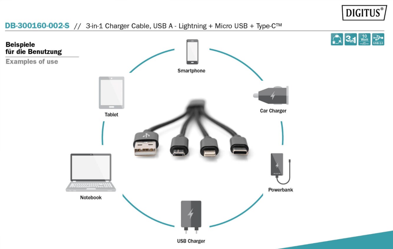 DIGITUS 3-in-1 Ladekabel, USB A - Lightning + Micro USB + USB-C, schwarz