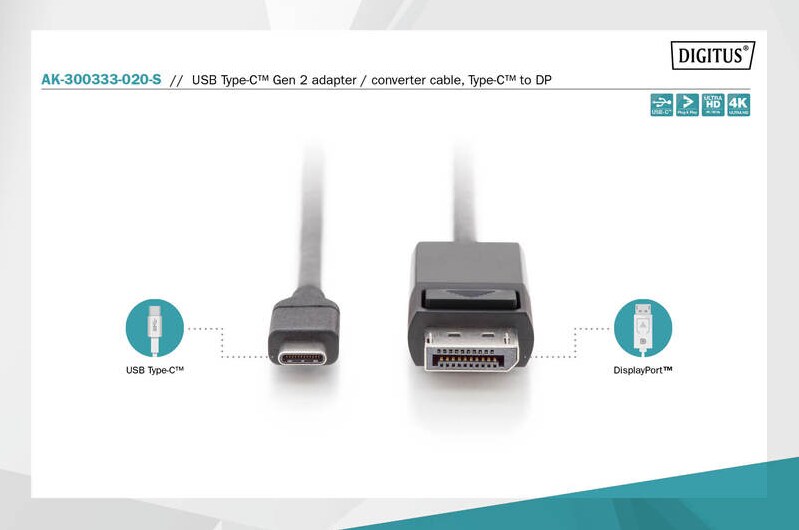 DIGITUS USB Type-C™Gen2 Adapter- / Konverterkabel, Type-C™ auf DP 1,8m