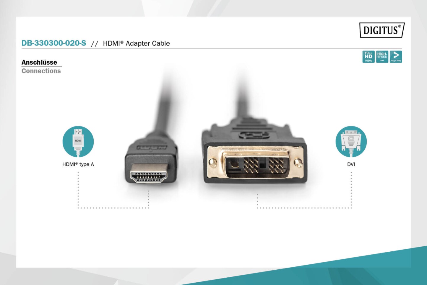 DIGITUS HDMI-Adapterkabel Typ A-DVI(18+1) St/St, 2,0m Full HD, schwarz