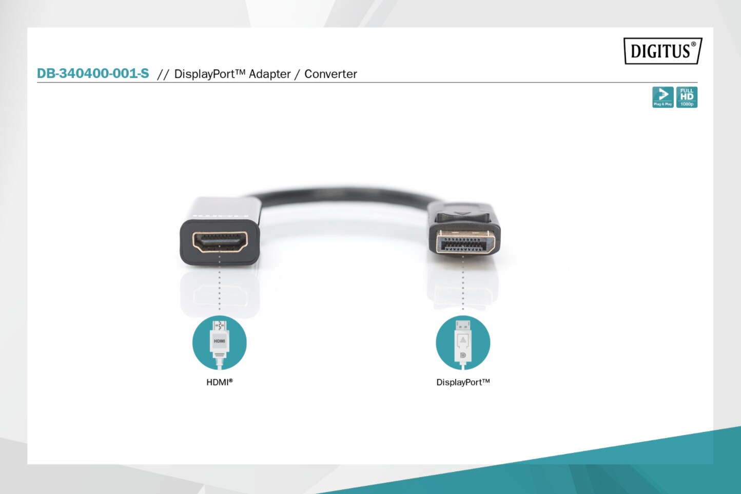 DIGITUS DisplayPort Adapter/Konverter, DP-HDMI Typ A St/Bu, 0.15m