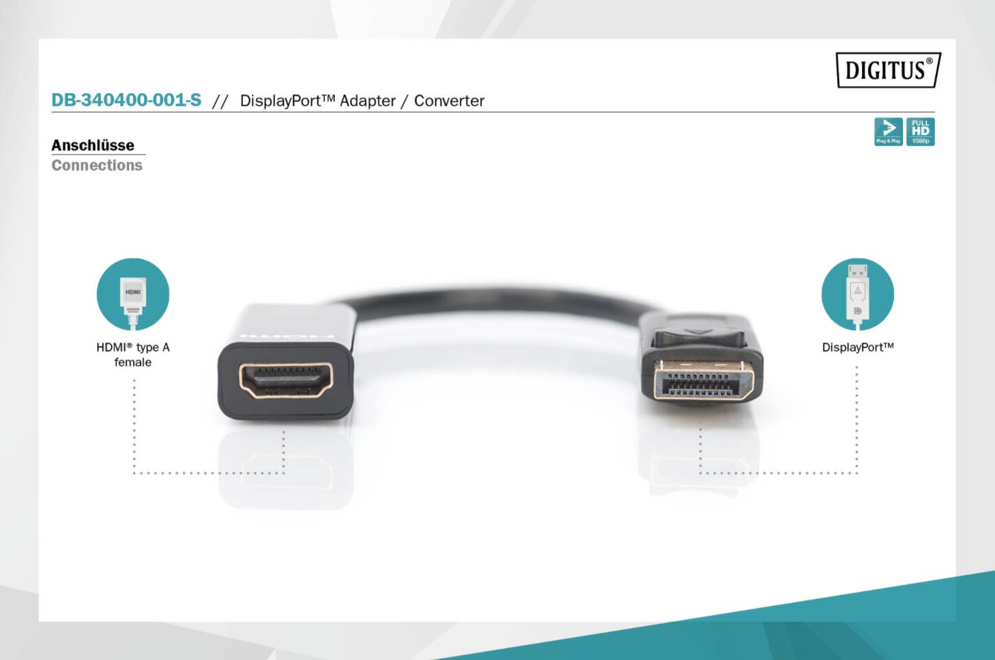 DIGITUS DisplayPort Adapter/Konverter, DP-HDMI Typ A St/Bu, 0.15m