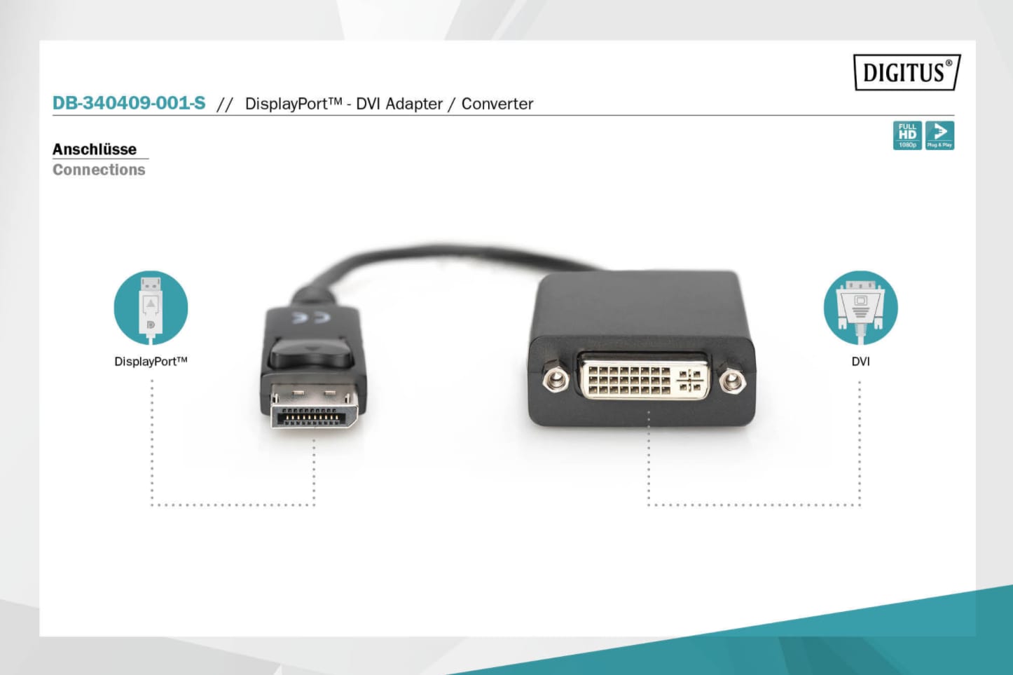 DIGITUS DisplayPort Adapter/Konverter,DP-DVI (24+5) St/Bu, 0.15m