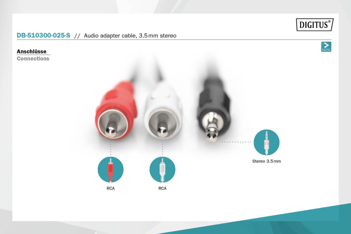 DIGITUS Audio Adapterkabel, Stereo 3.5mm - 2x RCA St/St, 2.50m