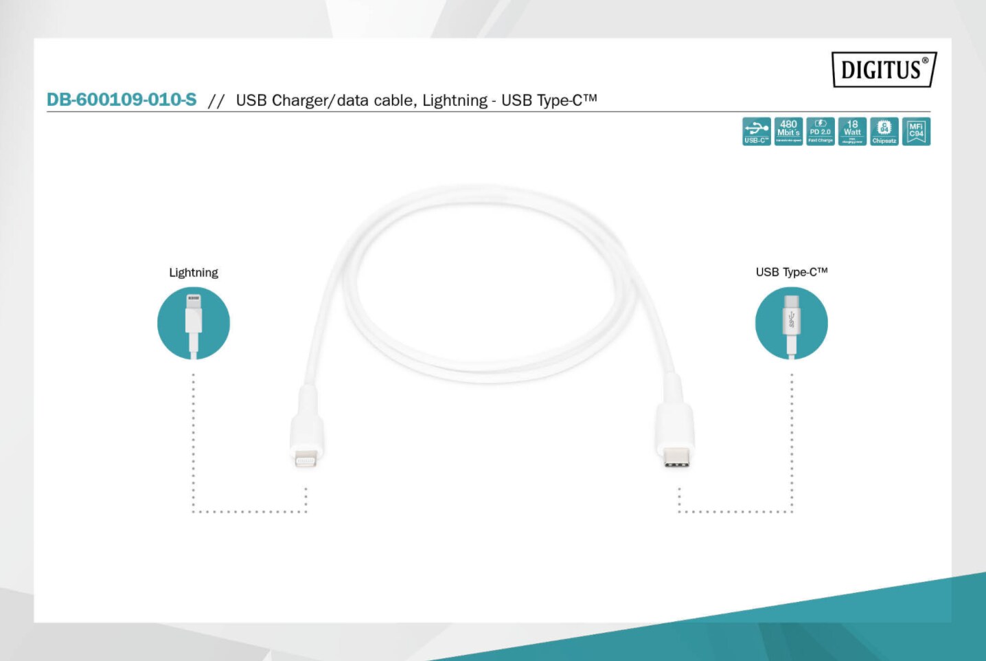 Daten- / Ladekabel, USB-C - Lightning, MFI, 1,0m