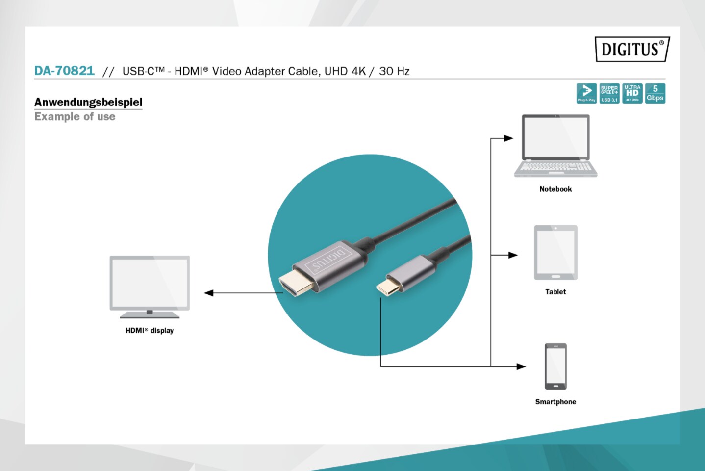 DIGITUS USB-C™ - HDMI® Video-Adapterkabel, UHD 4K / 30 Hz