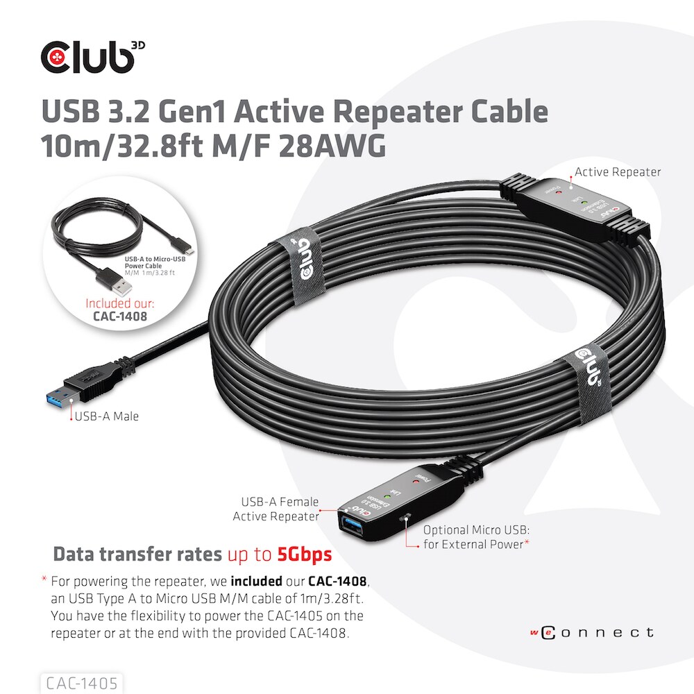 Club 3D USB 3.2 Gen1 aktives Kabel 10m St./B. 28AWG schwarz