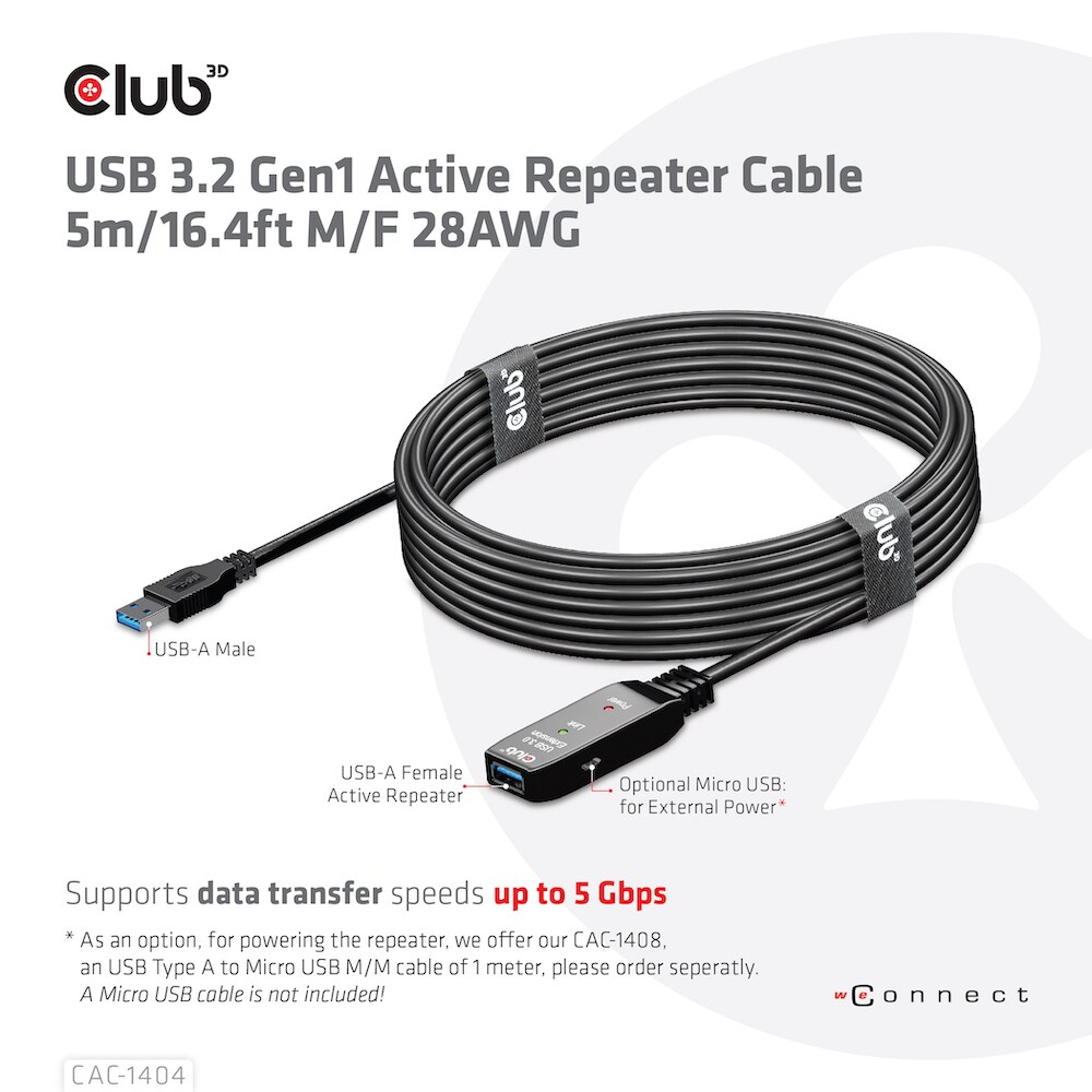 Club 3D USB 3.2 aktives Kabel 5m St./B. 28AWG schwarz