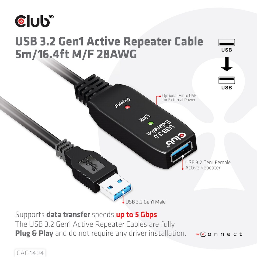 Club 3D USB 3.2 aktives Kabel 5m St./B. 28AWG schwarz