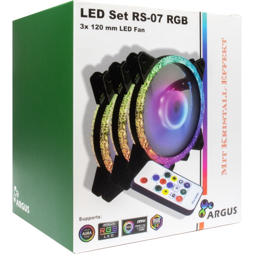 Inter-Tech Argus RGB-Fan Set RS-07, 120 mm Gehäuselüfter mit RGB Kristall-Effekt