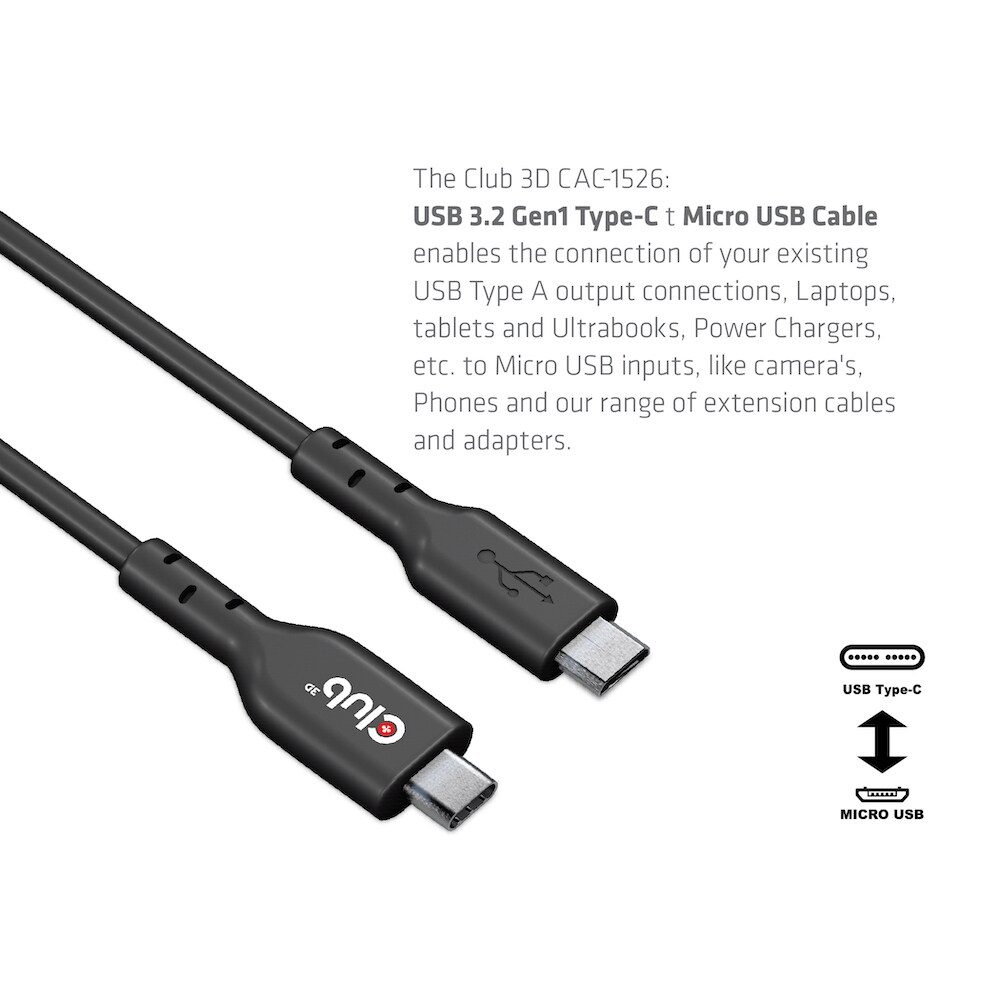 Club 3D USB 3.2 Gen1 Typ-C auf Micro USB Kabel 1m St./St. schwarz