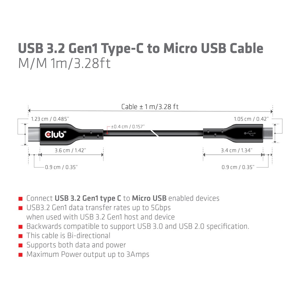 Club 3D USB 3.2 Gen1 Typ-C auf Micro USB Kabel 1m St./St. schwarz