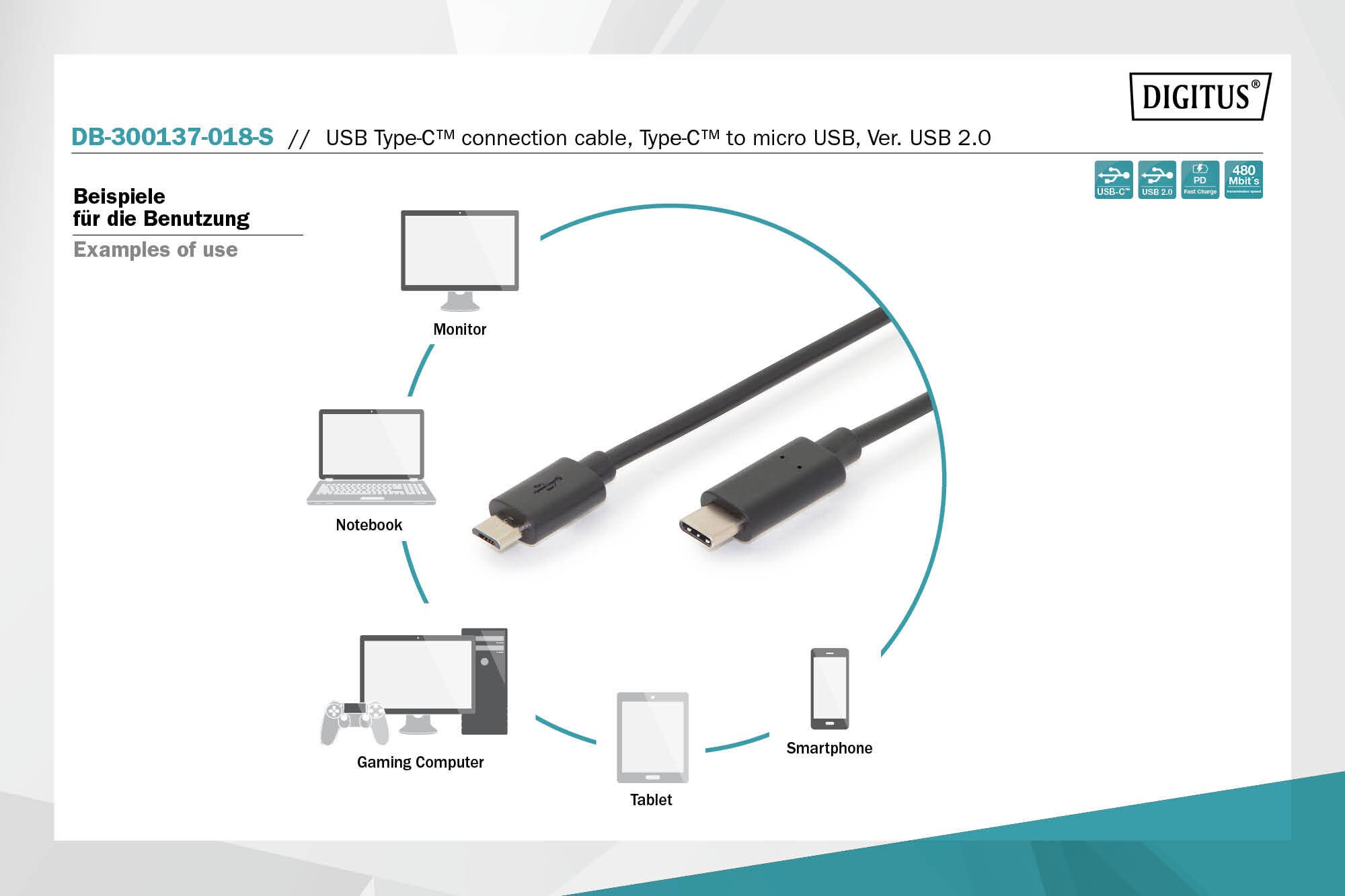 DIGITUS USB 2.0 Anschlusskabel 1,8m Typ-C zu mikro B High Speed St./St. schwarz