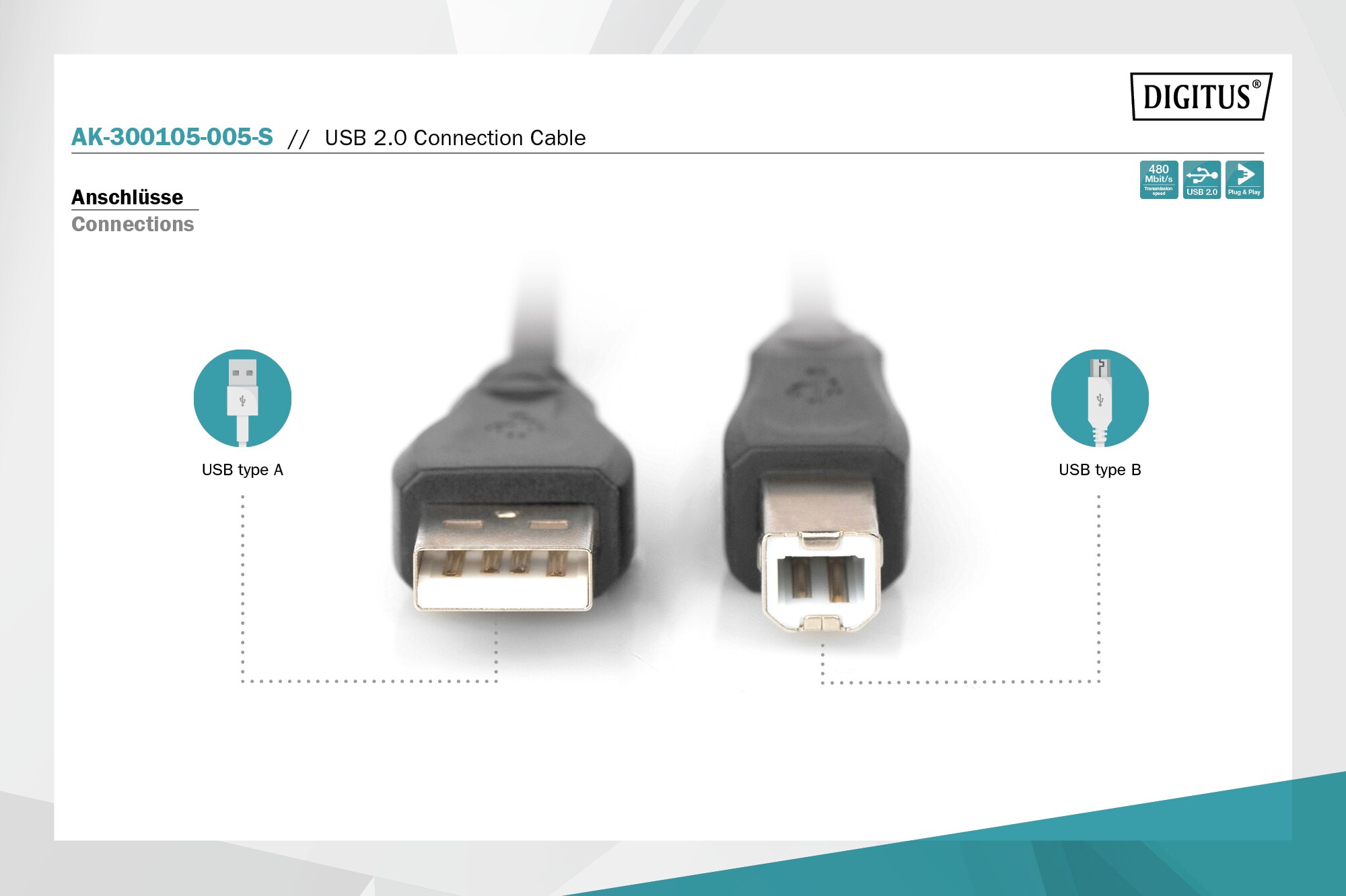 DIGITUS USB 2.0 Anschlusskabel, Typ A - B St/St, 0.5m, schwarz