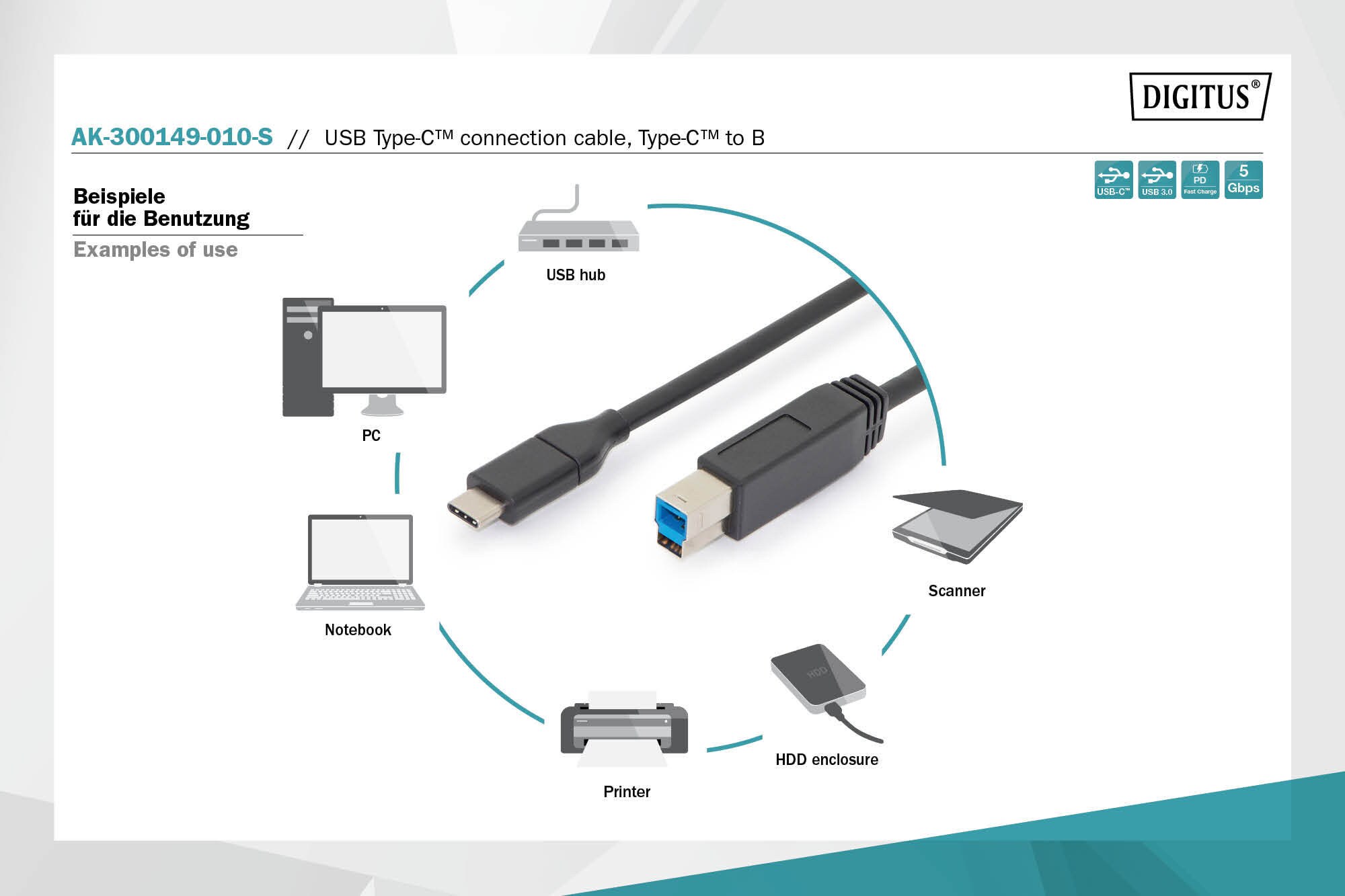 DIGITUS USB Typ-C Verbindungskabel, Typ C auf B St/St, 1,0 m, schwarz