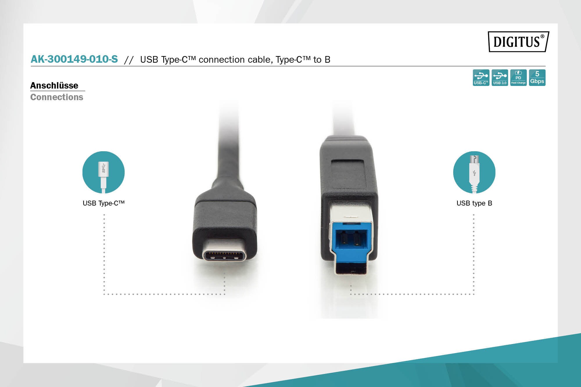 DIGITUS USB Typ-C Verbindungskabel, Typ C auf B St/St, 1,0 m, schwarz