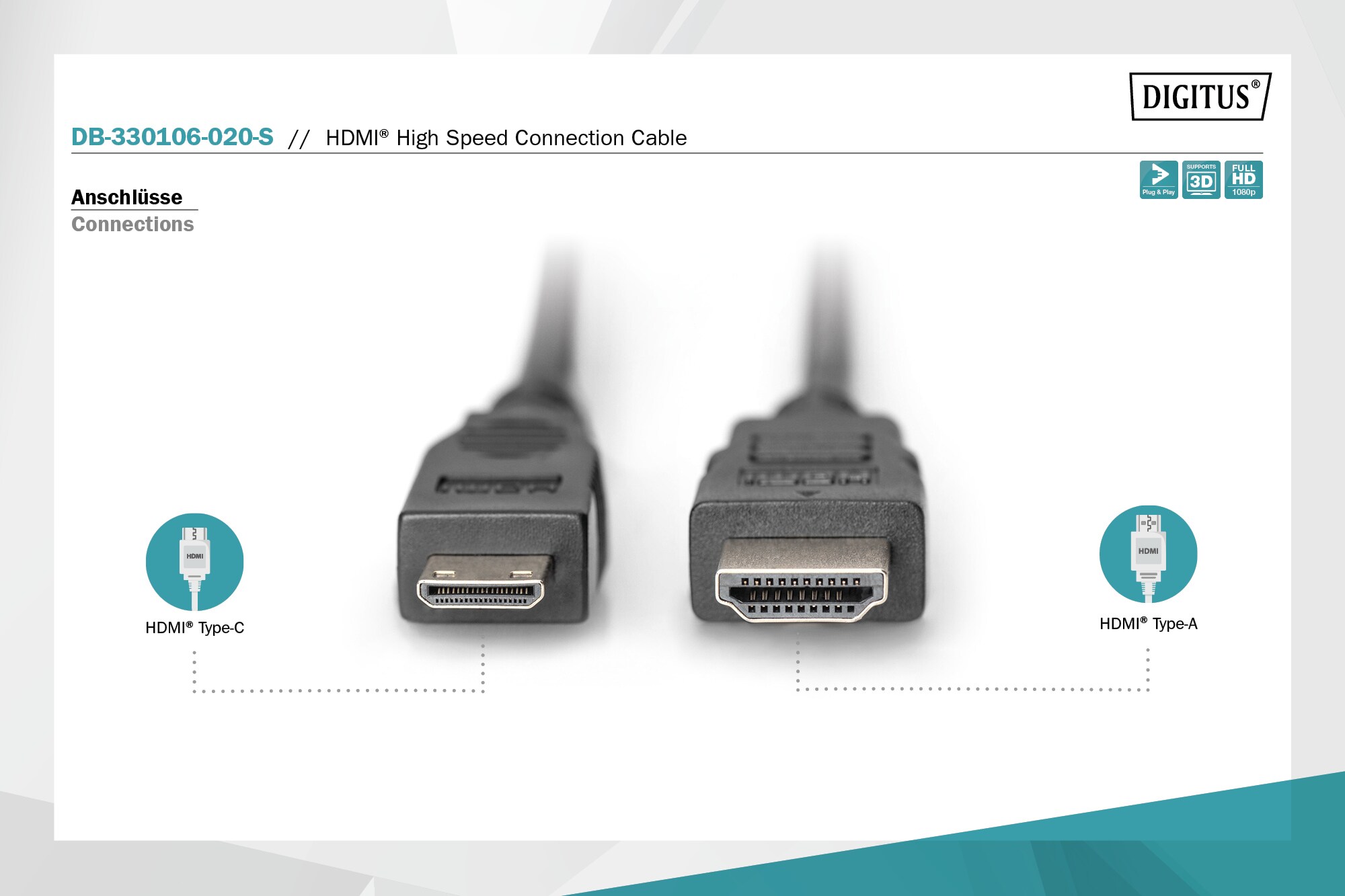 DIGITUS HDMI Anschlusskabel, Typ C - A St/St, 2,0m, gold/schwarz