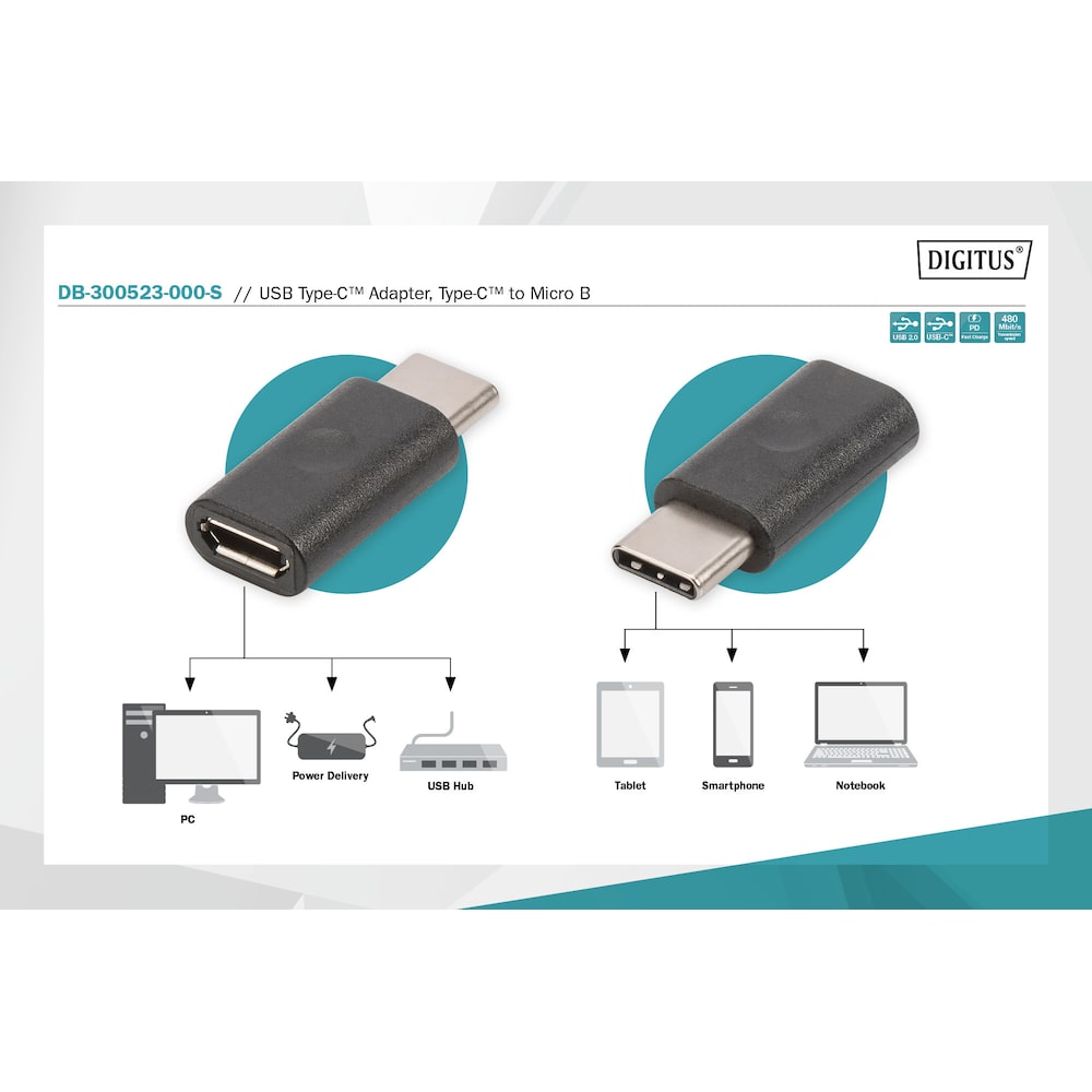 DIGITUS USB Typ-C Adapter/Konverter,Type-C zu USB mikro B St/Bu, schwarz