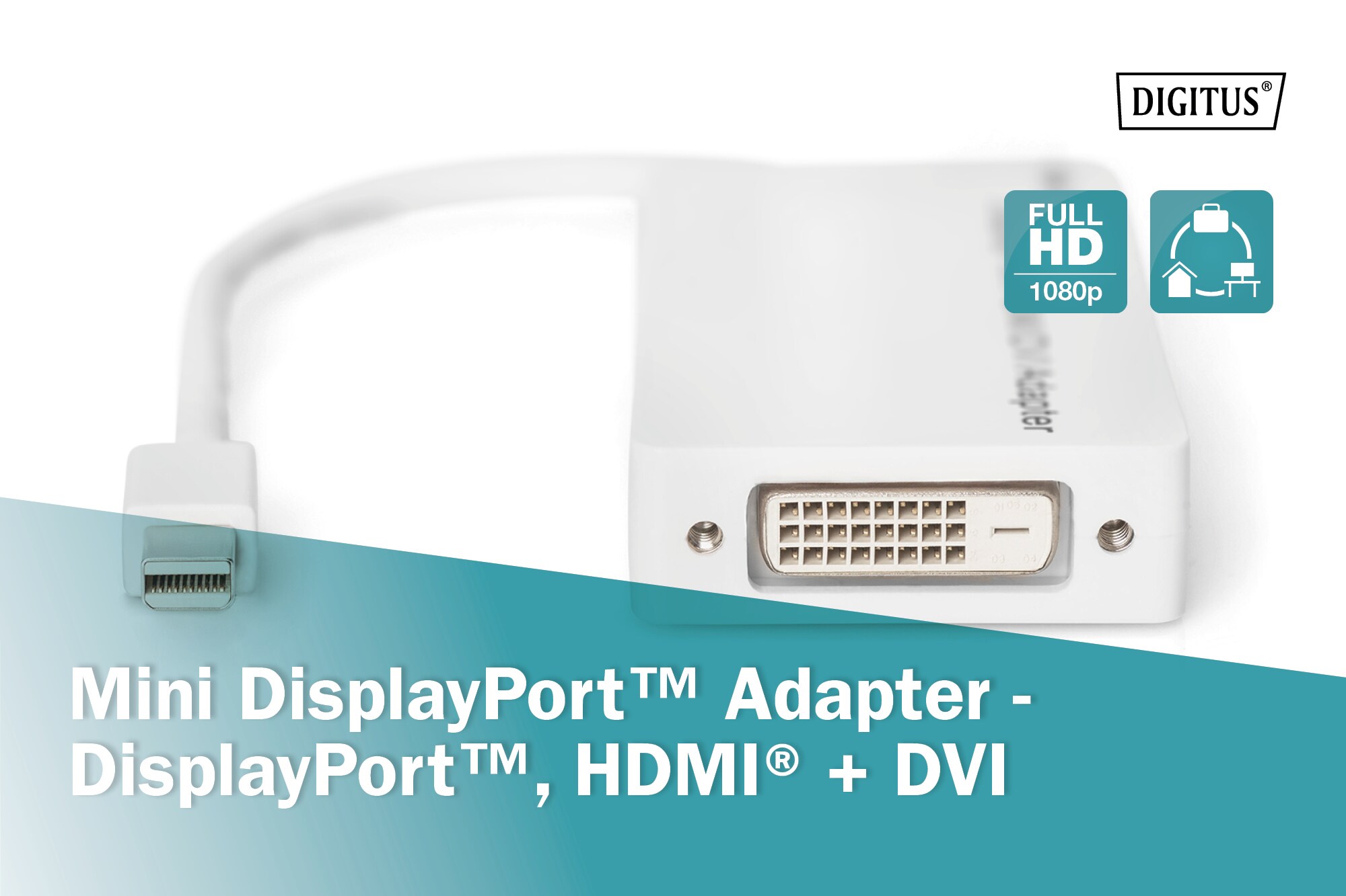 DIGITUS mini DisplayPort Adapter/Verteiler, mini DP zu DP+HDMI+DVI St/Bu, 0,2m