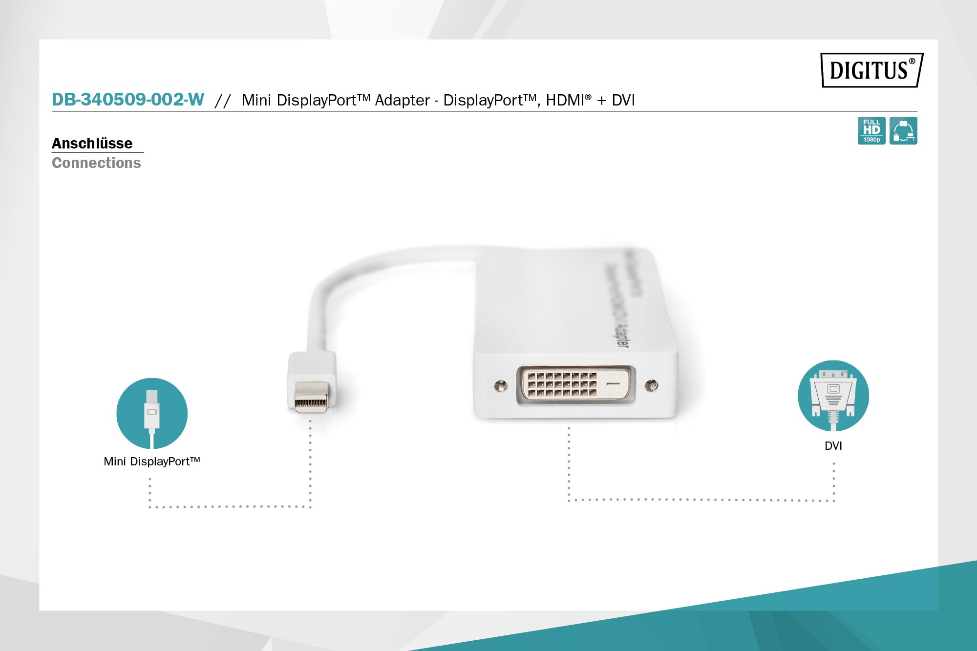 DIGITUS mini DisplayPort Adapter/Verteiler, mini DP zu DP+HDMI+DVI St/Bu, 0,2m