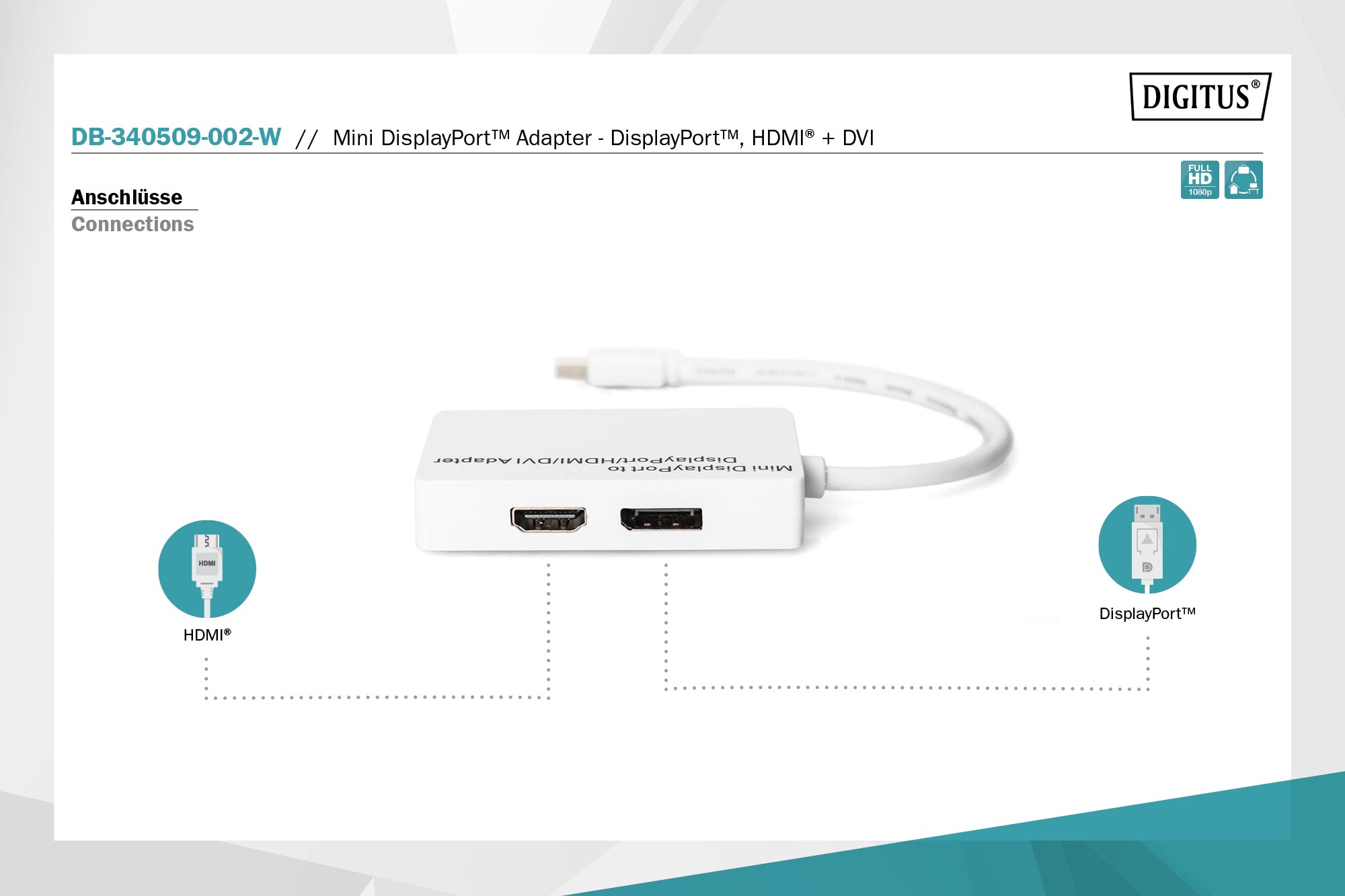 DIGITUS mini DisplayPort Adapter/Verteiler, mini DP zu DP+HDMI+DVI St/Bu, 0,2m