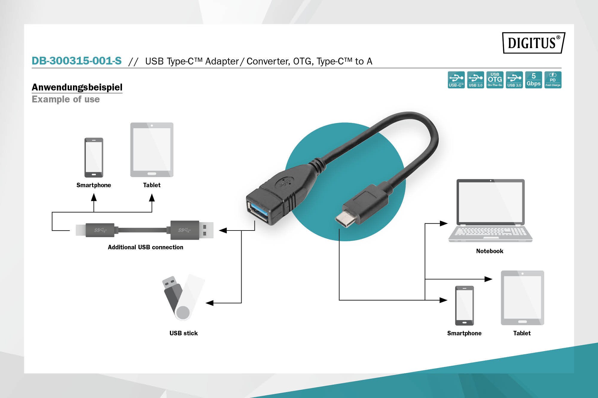 DIGITUS USB Type-C Adapter/Konverter, USB-Typ-C auf USB-A, 0,15m, schwarz