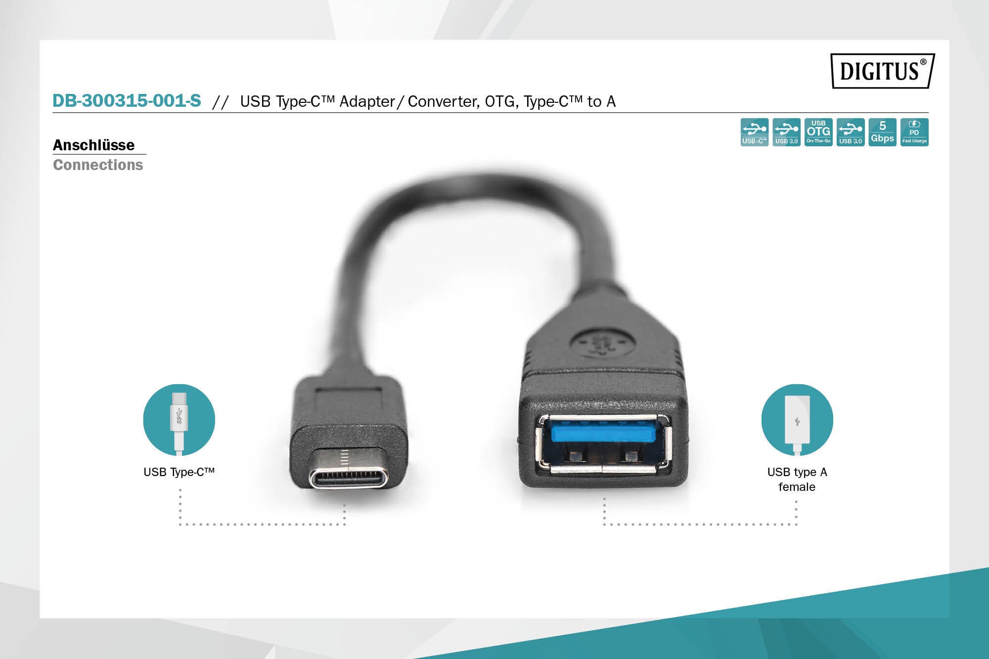 DIGITUS USB Type-C Adapter/Konverter, USB-Typ-C auf USB-A, 0,15m, schwarz